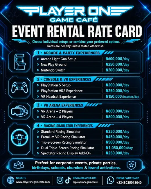 Player One event rental rate card for arcade, PS5, VR Arena and racing simulator setups