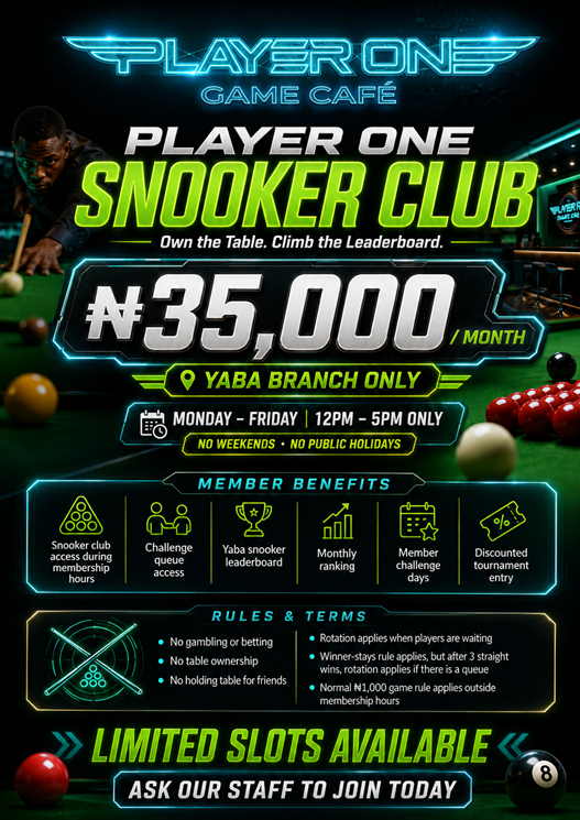 Player One Snooker Club monthly membership poster