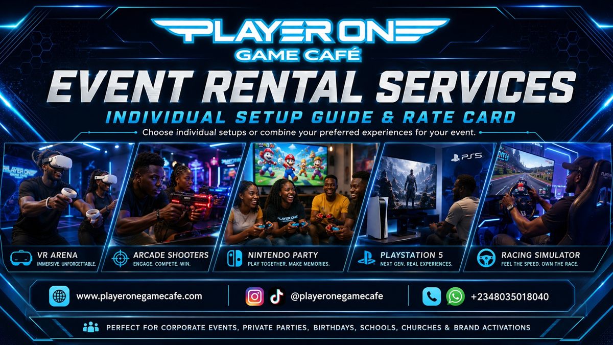 Player One Game Cafe event rental services for VR, PS5, racing and arcade experiences