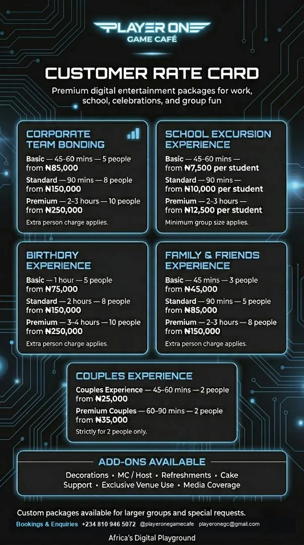 Player One Game Cafe group events rate card for birthdays, school trips, corporate team bonding, family groups and couples packages