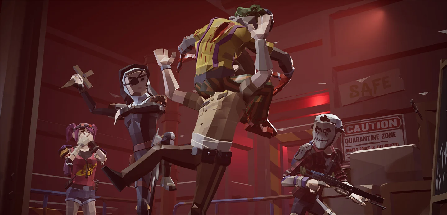 Dead Ahead survivors defending a red-lit quarantine zone from zombies